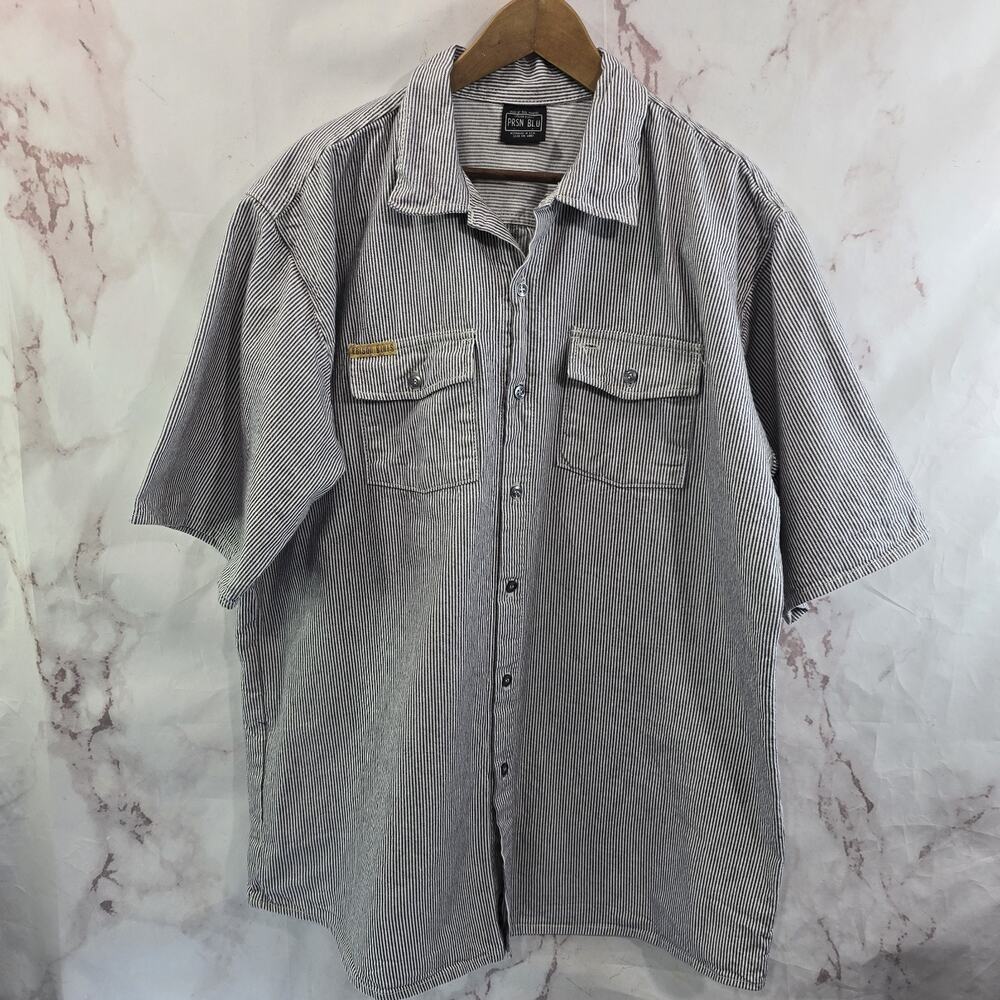 Prison Blu Shirt Mens 2XL Blue Railroad Stripe Button Short Sleeve Heavyweight